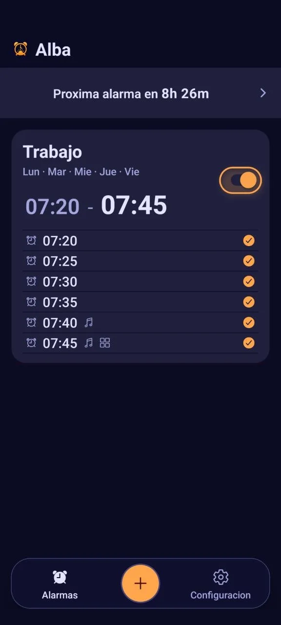 La app Alba mostrando un grupo de alarmas de 07:20 a 07:45, separadas cinco minutos