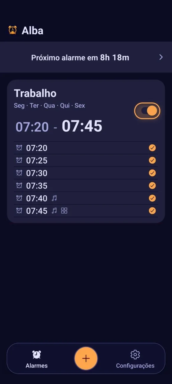 O app Alba mostrando um grupo de alarmes das 07:20 às 07:45, com cinco minutos de intervalo
